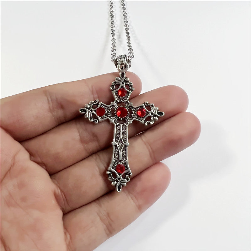 Red Crystal Cross Christ Vintage Bohemian Necklace